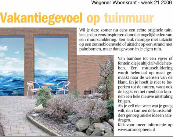 wegener, woonkrant, muurschildering, tuin, buitenmuur, binnen, interieur, zeezicht, lucht, vogels, bamboo