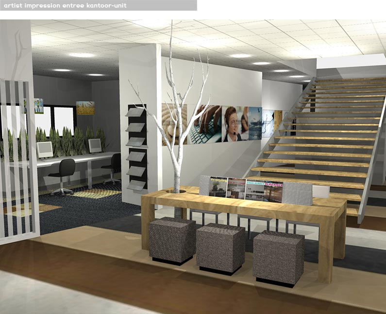 entree, kantoor, unit, complex, ruimte, interieur, 3d tekening, 3d, tekening, schets, artist impression, impressie, visual, visuals, visualiseren, modern, werken, werkruimte