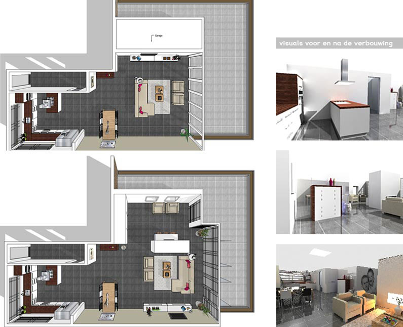 stylish, keuken, interieur, beplanting, design, ontwerp, schets, impressie, tekening, verlichting, lichtplan