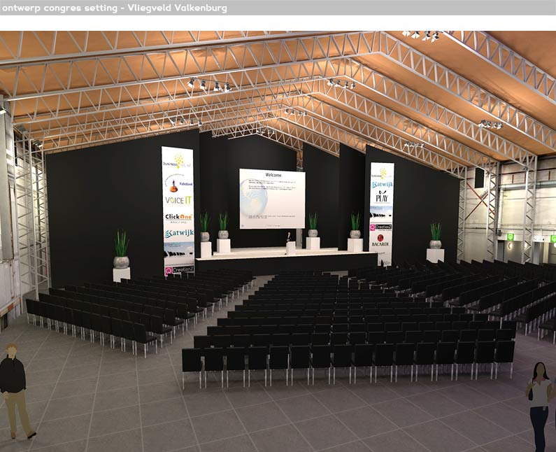 congres ruimte, inrichten, indeling, ontwerp, sfeer, opstelling, styling, decoreren, decoratie, presentatie, beurs, congres, zaal, vliegveld, loods, hangar, verlichting