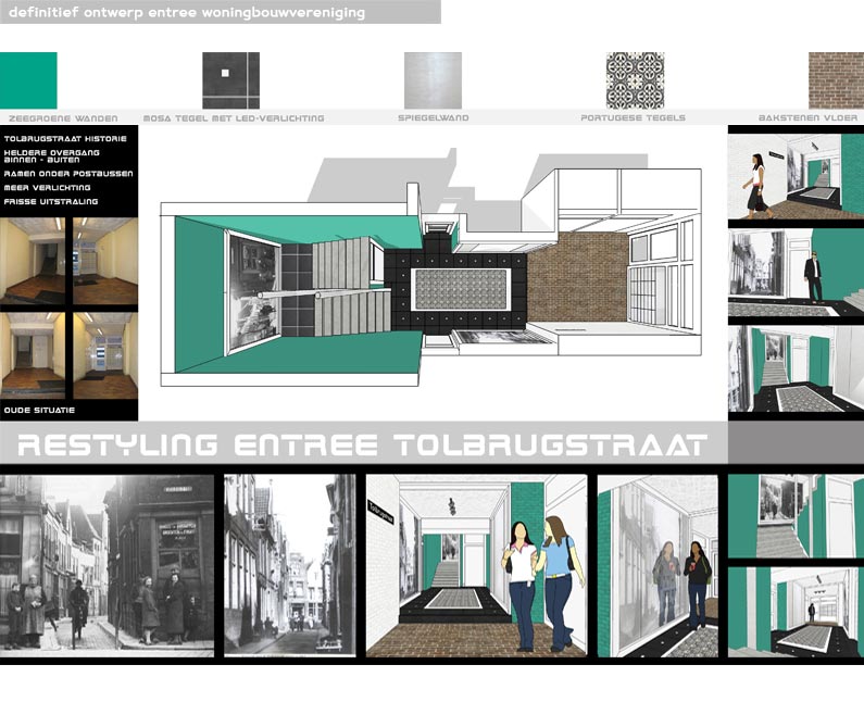 entree, portiek, woningbouwvereniging, woning verhuur, woningbouw, progrez, Dordrecht, definitief ontwerp, impressie, artist impression, verbouwing, visualiseren, historie, grote prints, kleuradvies, spiegelwand, qcreationz, Q CreationZ, Monique van Liempd